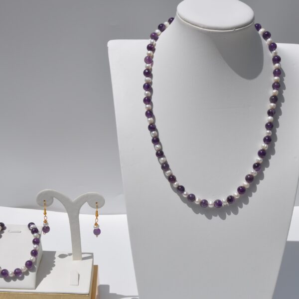 İnci ve Ametist Doğal Taş Kolye Bileklik Küpe Seti