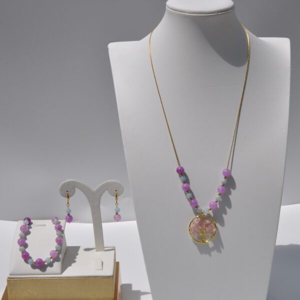 Yaşam Ağacı Kunzit ve Akuamarin Doğal Taş Kolye Bileklik Küpe Seti