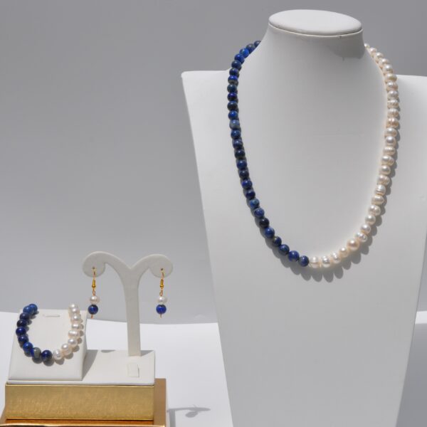 İnci ve Lapis lazuli Doğal Taş Kolye Bileklik ve Küpe Seti