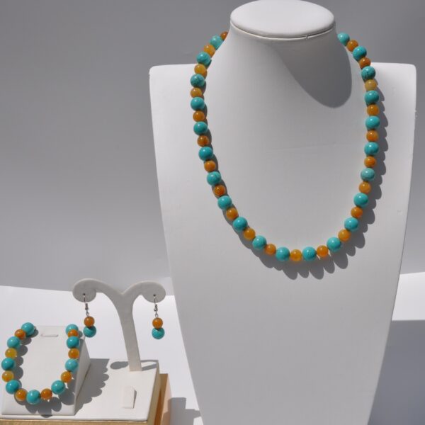 Karnelyan ve Turkuaz Doğal Taş Kolye Bileklik Küpe Seti