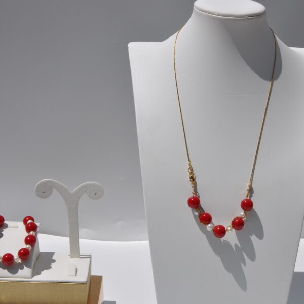 İnci Ve Kırmızı Kuvars Doğal Taş Kolye Bileklik Seti