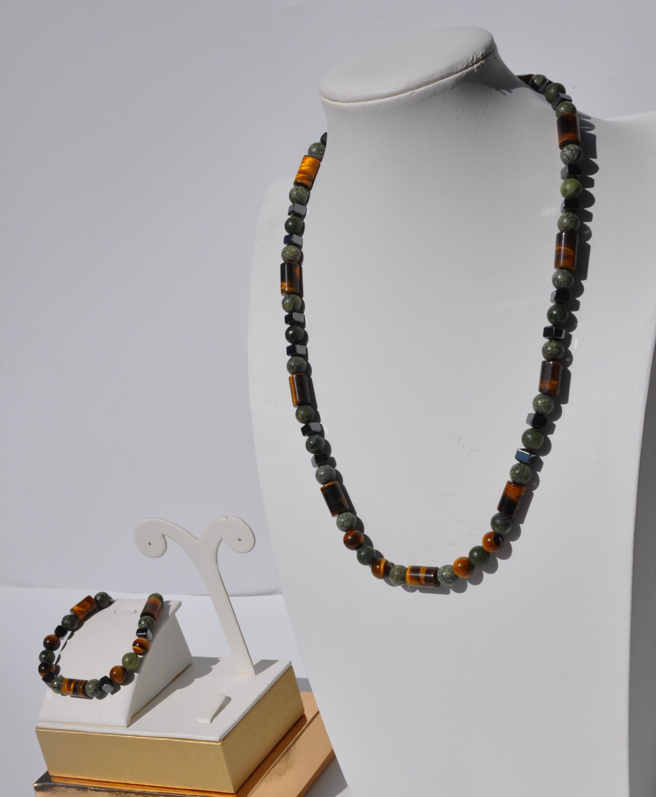 Kaplan Gözü Peridot Hematit Doğal Taş Kolye ve Bileklik Seti - Görsel 3