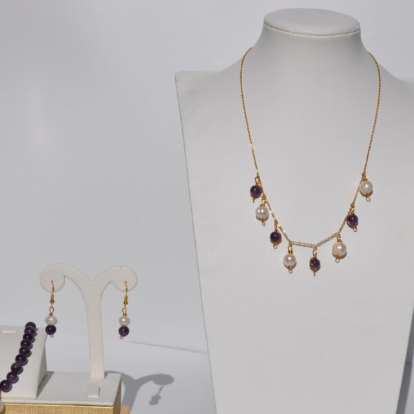 Ametist ve İnci Doğal Taş Kolye Bileklik ve Küpe Seti