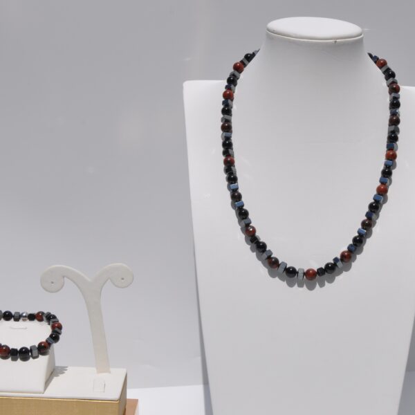 Kırmızı ve Siyah Obsidyen Hematit Doğal Taş Kolye Bileklik Seti