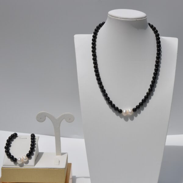 İnci Obsidyen Doğal Taş Kolye Bileklik Seti