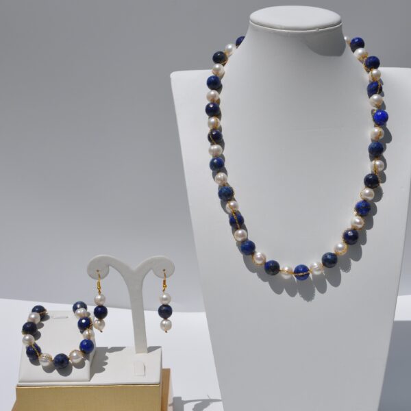 İnci Ve Lapis Lazuli Doğal Taş Kolye Bileklik Küpe Seti